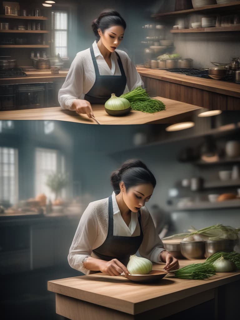  kitchen,woman wearing apron {cutting onion🧅 with knife on cutting board,(tears while slicing onion🧅 into thin strips:1.4)sliced onion🧅 on cutting board},super detail,high resolution,absurd,employed, hyperrealistic, full body, detailed clothing, highly detailed, cinematic lighting, stunningly beautiful, intricate, sharp focus, f/1. 8, 85mm, (centered image composition), (professionally color graded), ((bright soft diffused light)), volumetric fog, trending on instagram, trending on tumblr, HDR 4K, 8K