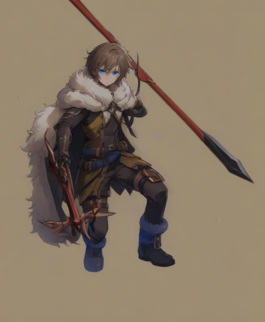  anime artwork blue eyes, fur cape, spear, crossbow . anime style, key visual, vibrant, studio anime, highly detailed