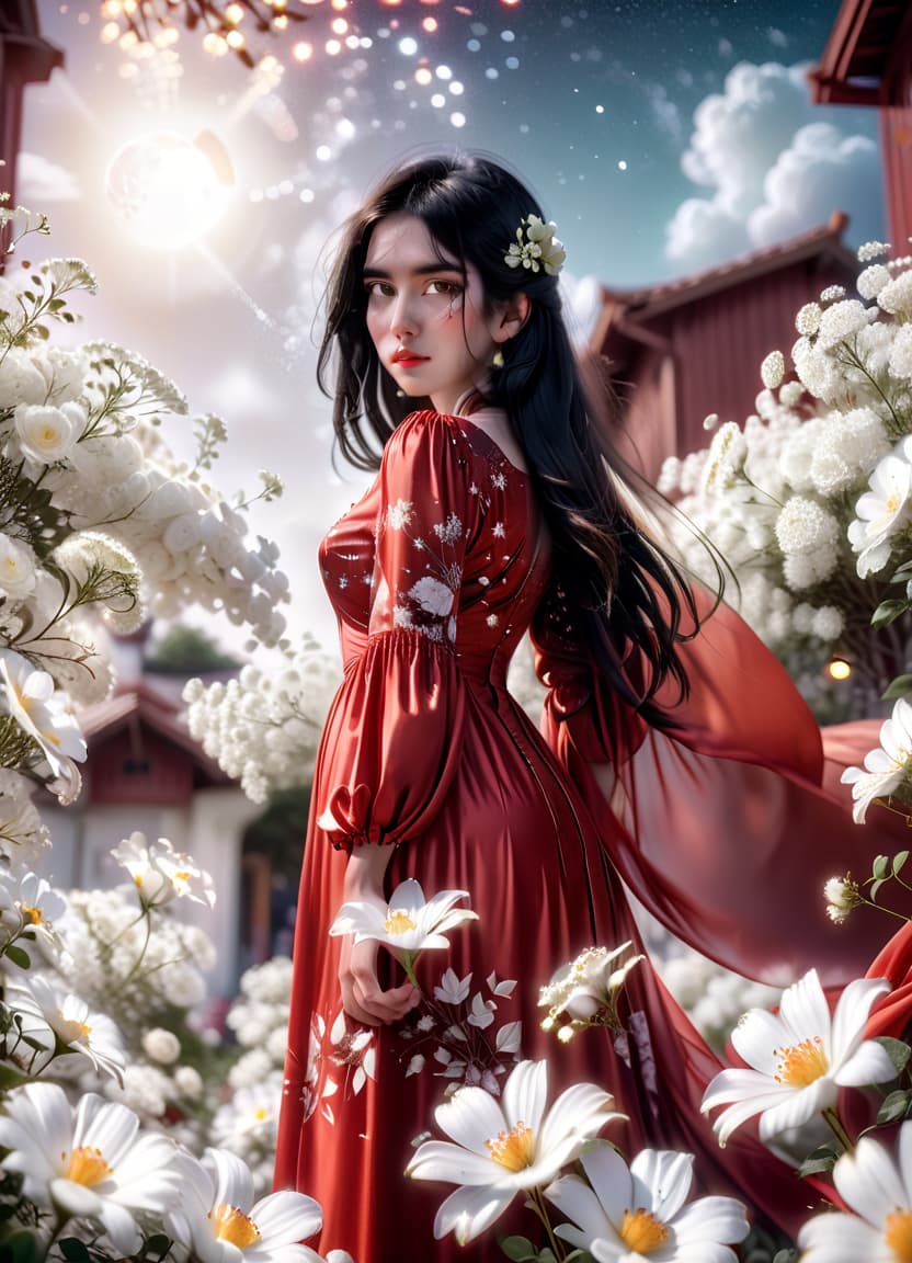  cinematic photo a girl in a red silk dress, in the foreground white flowers, black hair, a large bust, white sleeves with a pattern, against a starry sky. . 35mm photograph, film, bokeh, professional, 4k, highly detailed, perfecteyes, civitai, glowneon