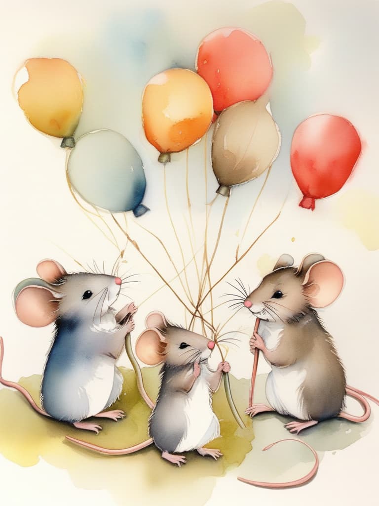  a masterpiece,(((3 little mice))),{next to ((a big red balloon 🎈))},a letter tied to the end of the balloon string,acorns,smiles,good friends,fairy tale style,crayon drawing,gentle colors,delicate,detailed,