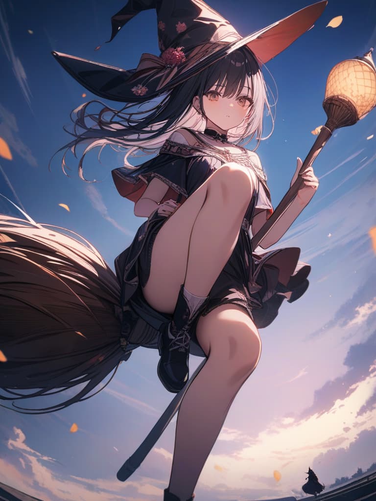  flying in the sky, riding a broom, sitting on a broom, witch, holding a hat, a girl, sitting on a broom, is on the broom, masterpiece, best quality,8k,ultra detailed,high resolution,an extremely delicate and beautiful,hyper detail