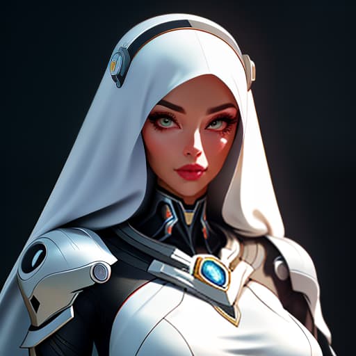  cyborg nun hyperrealistic, full body, detailed clothing, highly detailed, cinematic lighting, stunningly beautiful, intricate, sharp focus, f/1. 8, 85mm, (centered image composition), (professionally color graded), ((bright soft diffused light)), volumetric fog, trending on instagram, trending on tumblr, HDR 4K, 8K