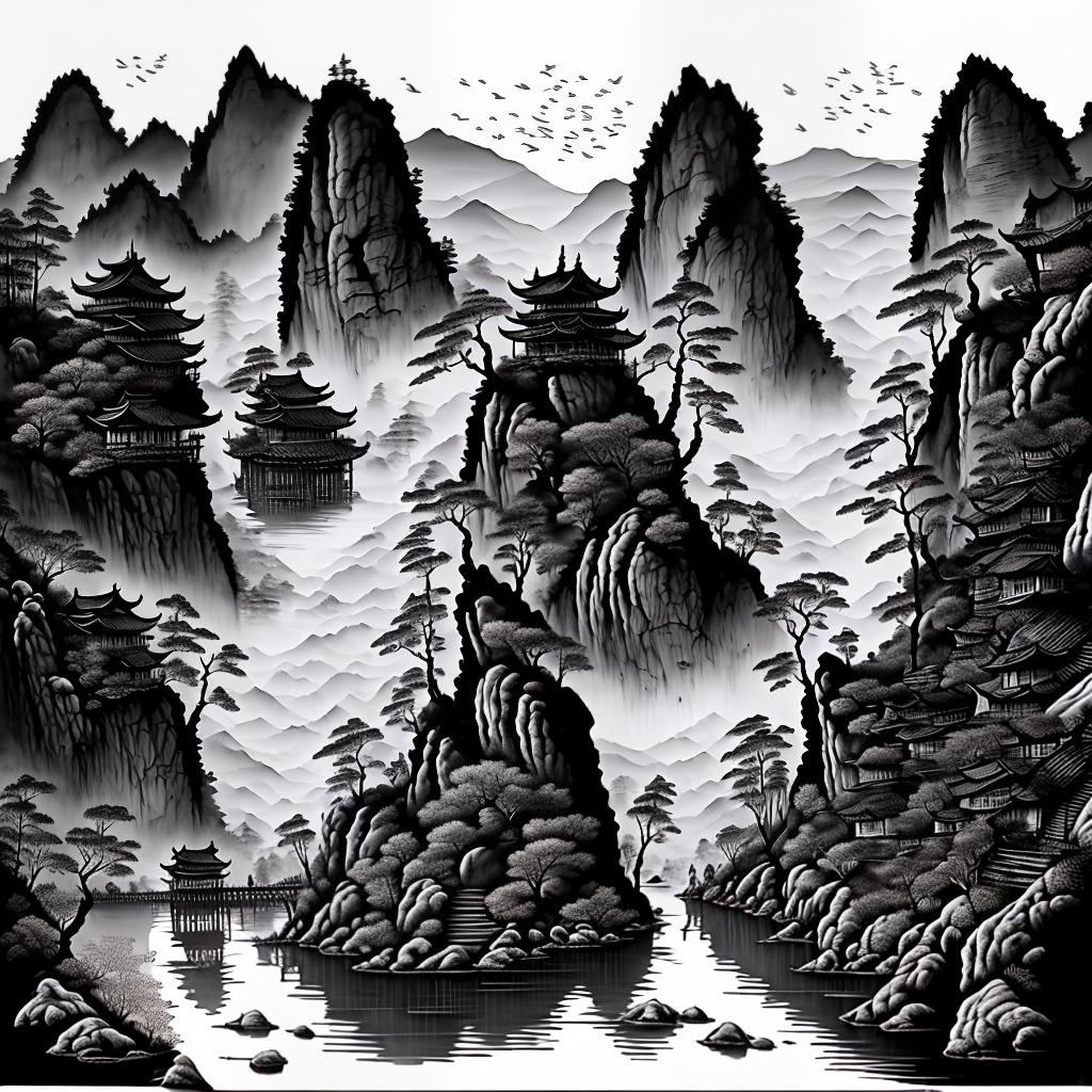 mdjrny-v4 style create a traditional chinese ink painting of a serene mountain landscape. the scene should include tall, mist covered mountains in the background, with a river winding through the valley below. on the riverbank, depict a small pagoda with curved eaves, surrounded by pine trees. add a few birds flying in the sky, and include subtle brush strokes to convey the flow of water and the texture of the rocks. the overall mood should be peaceful and reflective, with a limited color palette focusing on shades of black, gray, and subtle hints of ink wash