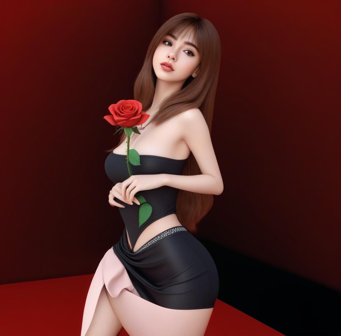  3d latina, 1 girl, high detailed cartoon, solo, long hair, looking at viewer, dark hazel eyes, lips, detailed rose, parted bangs photo realistic, highly intricate and detailed, masterpiece, ultra high res,photography,8k resolution