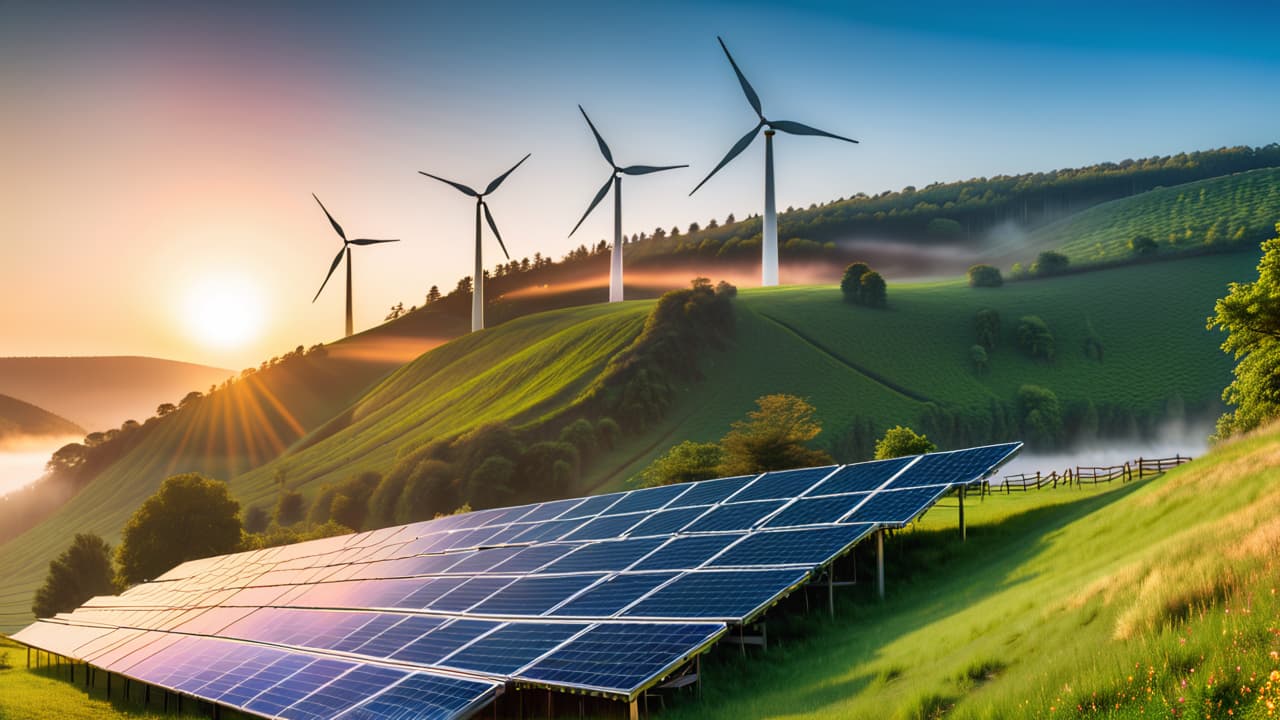  a vibrant collage showcasing solar panels glistening under the sun, wind turbines spinning on a hillside, a flowing river with a hydroelectric dam, geothermal steam rising from the earth, and fields of biofuel crops. hyperrealistic, full body, detailed clothing, highly detailed, cinematic lighting, stunningly beautiful, intricate, sharp focus, f/1. 8, 85mm, (centered image composition), (professionally color graded), ((bright soft diffused light)), volumetric fog, trending on instagram, trending on tumblr, HDR 4K, 8K