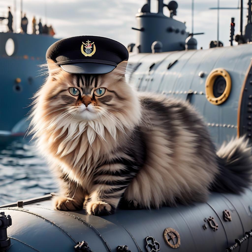  siberian cat in a black cap on a submarine