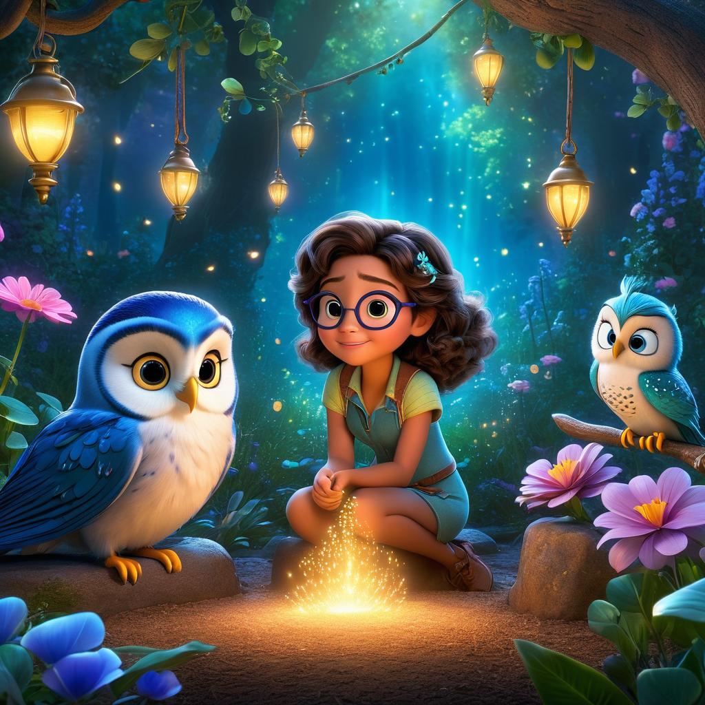  in 3d animated movie style. disney pixar style. hunain, old with a curious, kind, and ve personality, wearing casual attire, interacts with misty the mermaid, old character in a sparkling blue tail, and bobby the ve knight, old honorable character in shiny armor. luna the wise owl observes with a wise and patient demeanor, donning a feathery cloak and spectacles. characters meet in a magical forest clearing filled with colorful flowers and glowing fireflies for a whimsical atmosphere. high resolution pixar 3d animation style with lifelike textures capture the essence of the scene. vint blues, greens, and warm tones illuminate the characters, creating an inviting glow. scene from a slightly elevated 