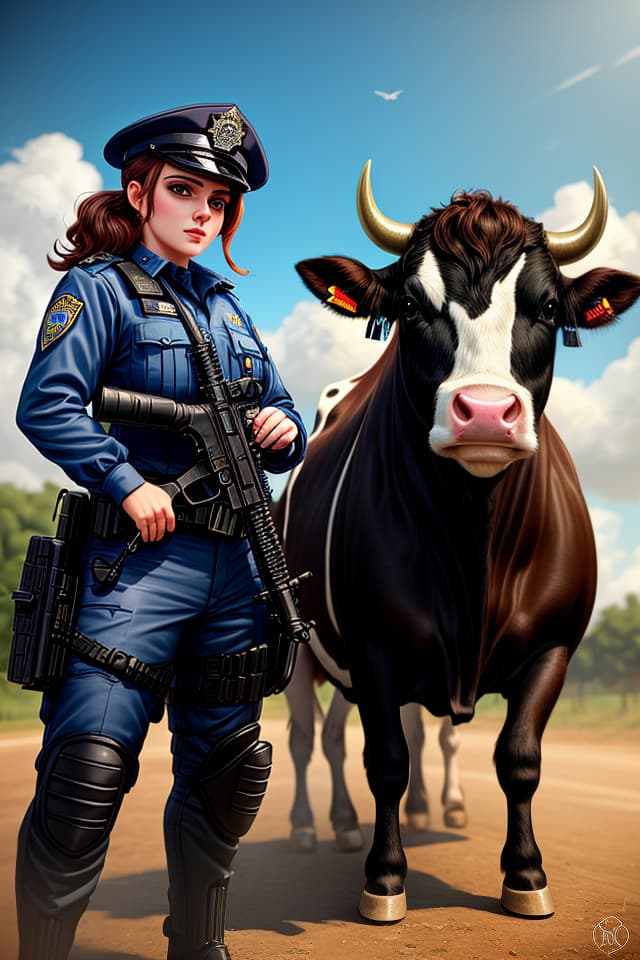  two cows dressed in police outfit, with small cow as witness, cyril rolando, hq, hightly detailed, 4k