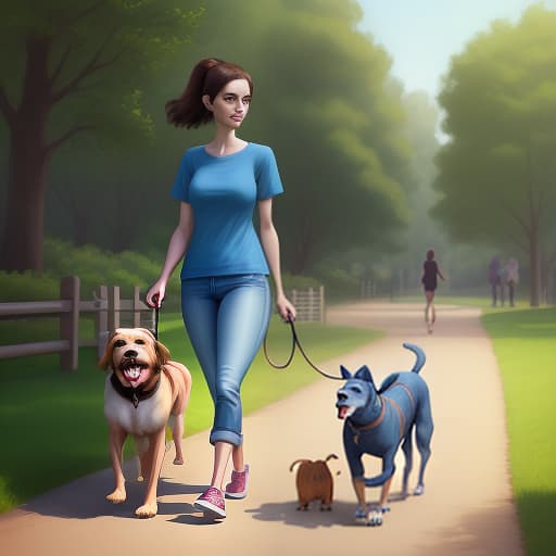  girl in blue t shirt and jeans walks with dog in park, cartoonish pixar style