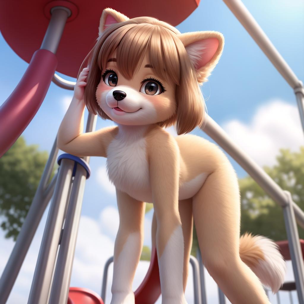  Female puppy anthro, cute, , puppy tail, full body, , young, lewd, in view, over, playground, having , soft , open eyes, masterpiece, 4k, fine details,