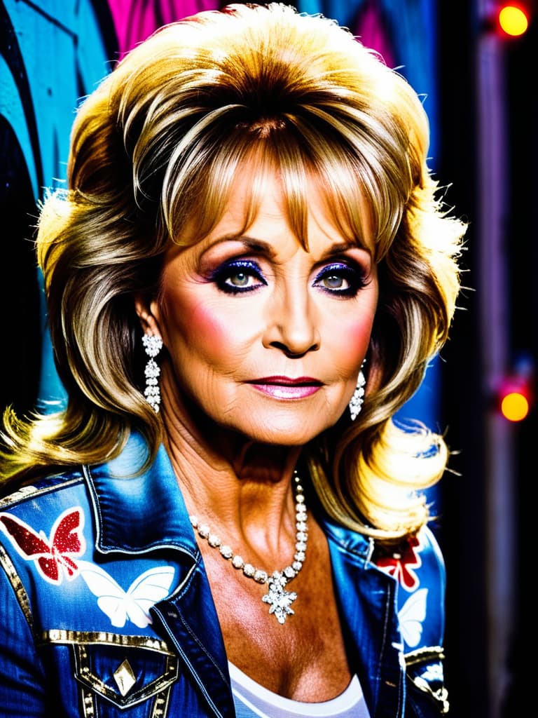  Country singer Barbara Mandrell, medium shot, upper body, spotlight, long exposure lighting, street art style spray paint, glamour lighting