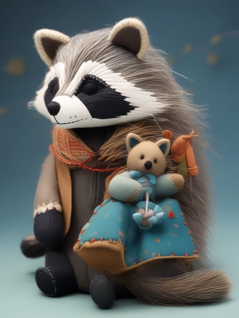  giant raccoon sewn toy: 1.4, small boy holding sewing toil, sleepy boy, small boy with a larger sewing toy than himself, masterpiece, best quality,8k,ultra detailed,high resolution,an extremely delicate and beautiful,hyper detail