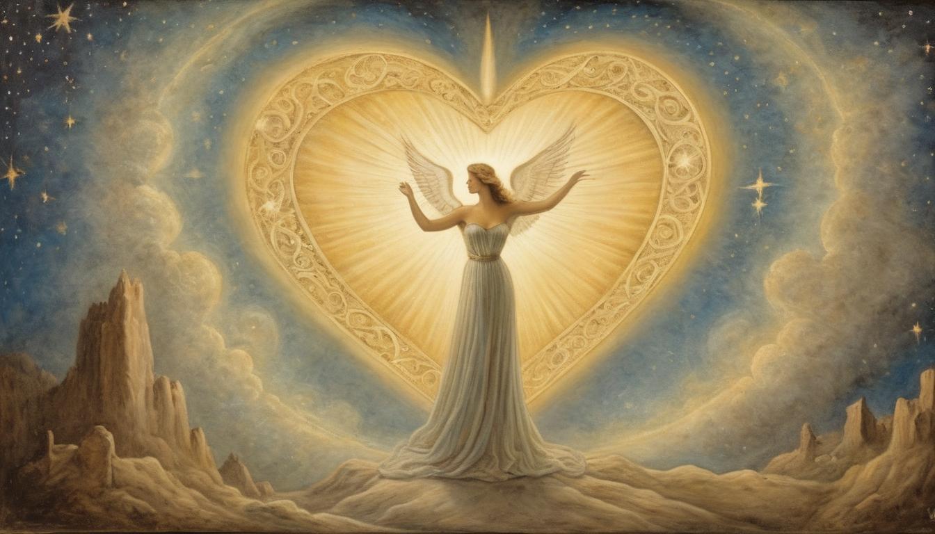  on parchment, surrealism++, beaming heart with light rays, surrounding stars, halo effect, romantic celestial glow, radiance of divine love(mysterious, provocative, symbolic)++