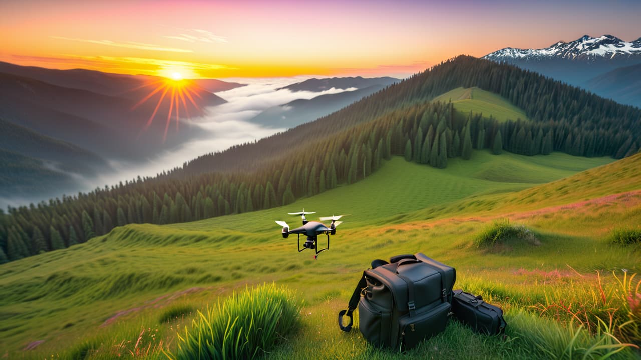  a scenic landscape featuring a beginner drone hovering over a picturesque valley, surrounded by essential photography gear like a camera, tripod, and backpack, with a soft sunset glow illuminating the scene. hyperrealistic, full body, detailed clothing, highly detailed, cinematic lighting, stunningly beautiful, intricate, sharp focus, f/1. 8, 85mm, (centered image composition), (professionally color graded), ((bright soft diffused light)), volumetric fog, trending on instagram, trending on tumblr, HDR 4K, 8K