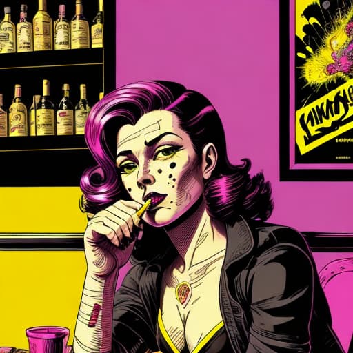  Comic - book pulp - art, magenta yellow and black ink defined black lines, close - up portrait of a woman smoking sadly in a bar, Character design by Disco Elysium, Drunk vision, LSD, Acid Trip, Expressive Magenta and yellow lights, Ink splatters, dynamic, clean lines, graphic novel, style of Frank Frazetta and JC Leyendecker and moebius, 12k