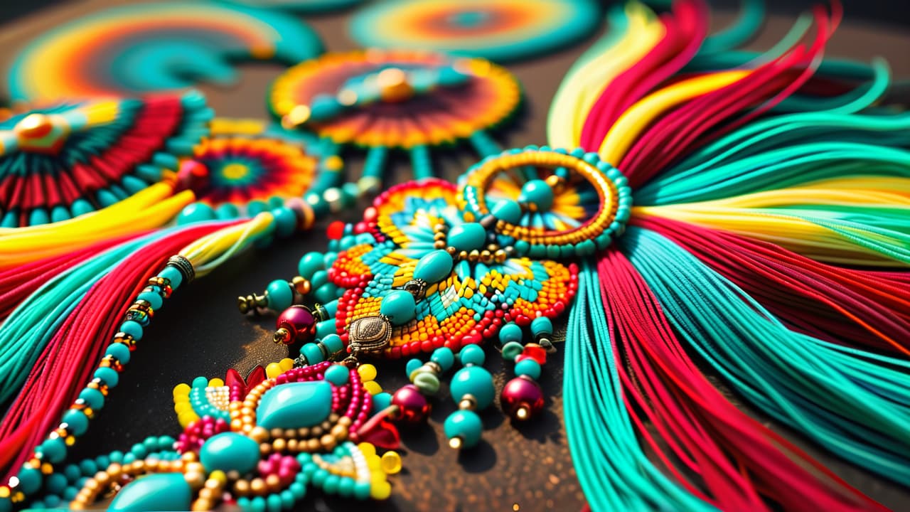  create an intricate close up of vibrant native american beadwork, showcasing geometric patterns in rich colors like turquoise, red, and yellow, with detailed textures of beads reflecting light, set against a natural, earthy background. hyperrealistic, full body, detailed clothing, highly detailed, cinematic lighting, stunningly beautiful, intricate, sharp focus, f/1. 8, 85mm, (centered image composition), (professionally color graded), ((bright soft diffused light)), volumetric fog, trending on instagram, trending on tumblr, HDR 4K, 8K