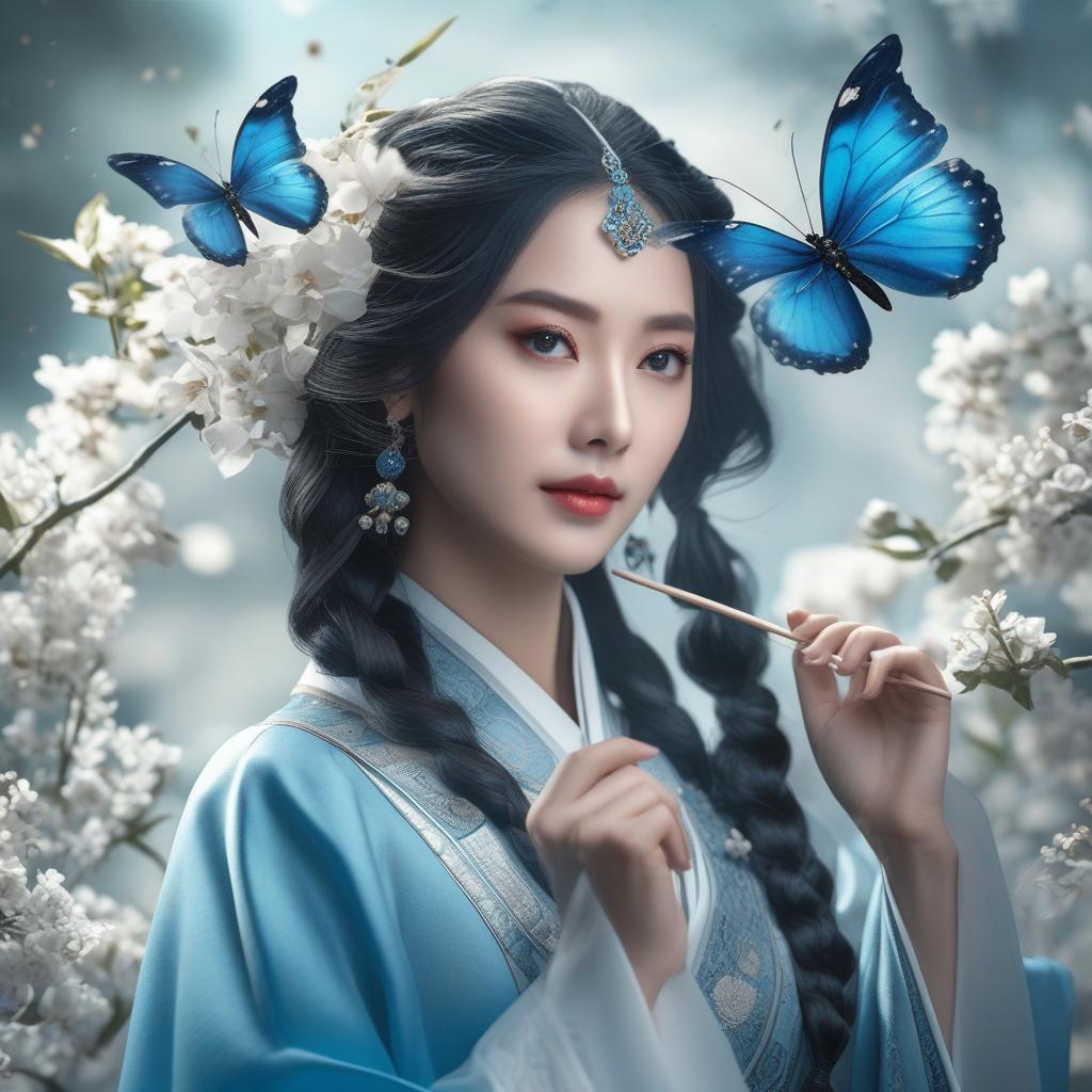  masterpiece, best quality, (Fidelity: 1.4), Best Quality, Masterpiece, Ultra High Resolution, Poster, Fantasy Art, Very Detailed Faces, 8k resolution, Chinese Style, An woman, Side Face, Quiet, Light Blue Hanfu, Tulle Coat, Long Black Hair, Light Blue Fringed Hair Ornament, Hairpin, White Ribbon, White Flower Bush, Light Blue Butterfly Flying, cinematic lighting effects