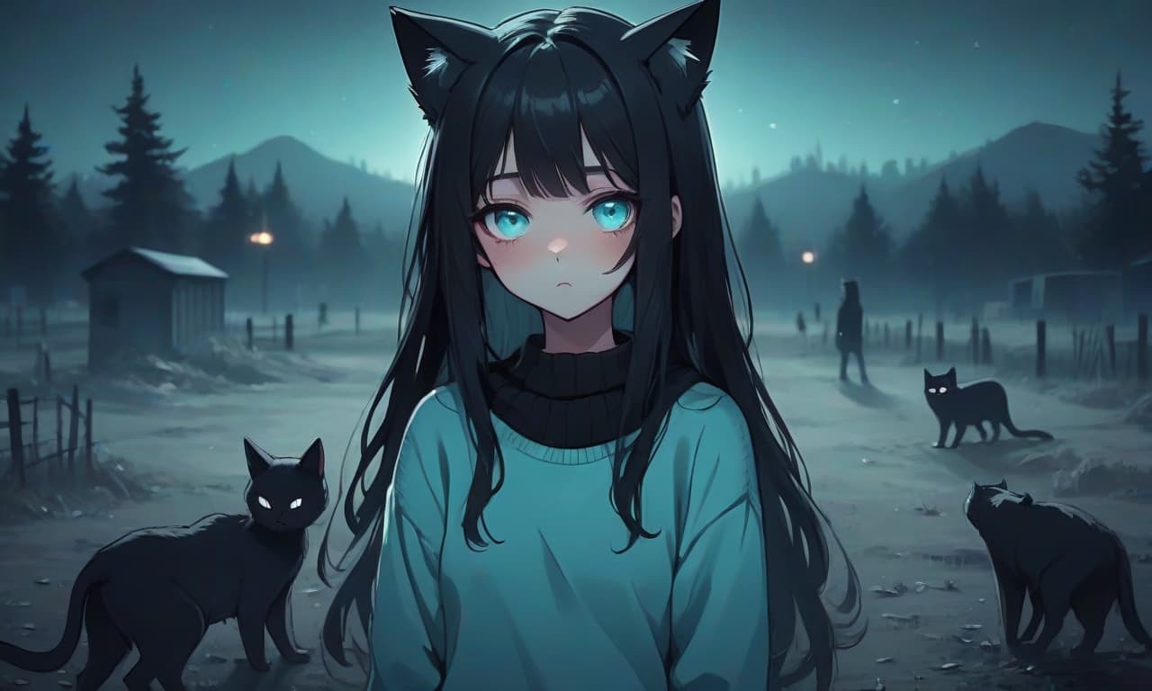  horror themed image for music in the genre of breakcore in gloomy style. a girl in anime style with cat ears with long black hair stands in an empty and night field dressed in a sweater of warm and pastel color and pants. the girl looks into the darkness with black lower eyelids under the eyes full of fear of the unknown and curiosity, and the bright turquoise eyes themselves stand out against the background of everything. the image uses warm and bed tones. . eerie, unsettling, dark, spooky, suspenseful, grim, highly detailed