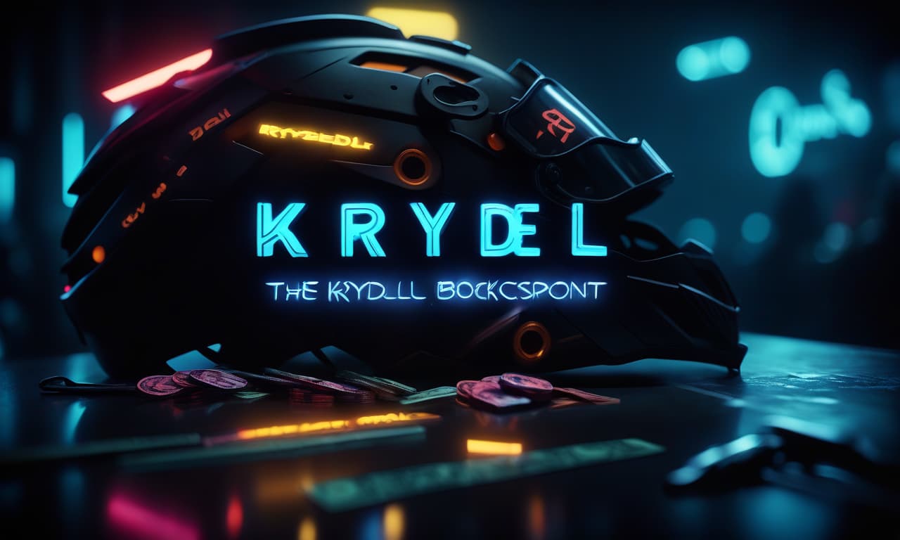  cinematic film still neon inscription "krydell." the background is dark. around different games weapons, helmets, cars and money . shallow depth of field, vignette, highly detailed, high budget, bokeh, cinemascope, moody, epic, gorgeous, film grain, grainy