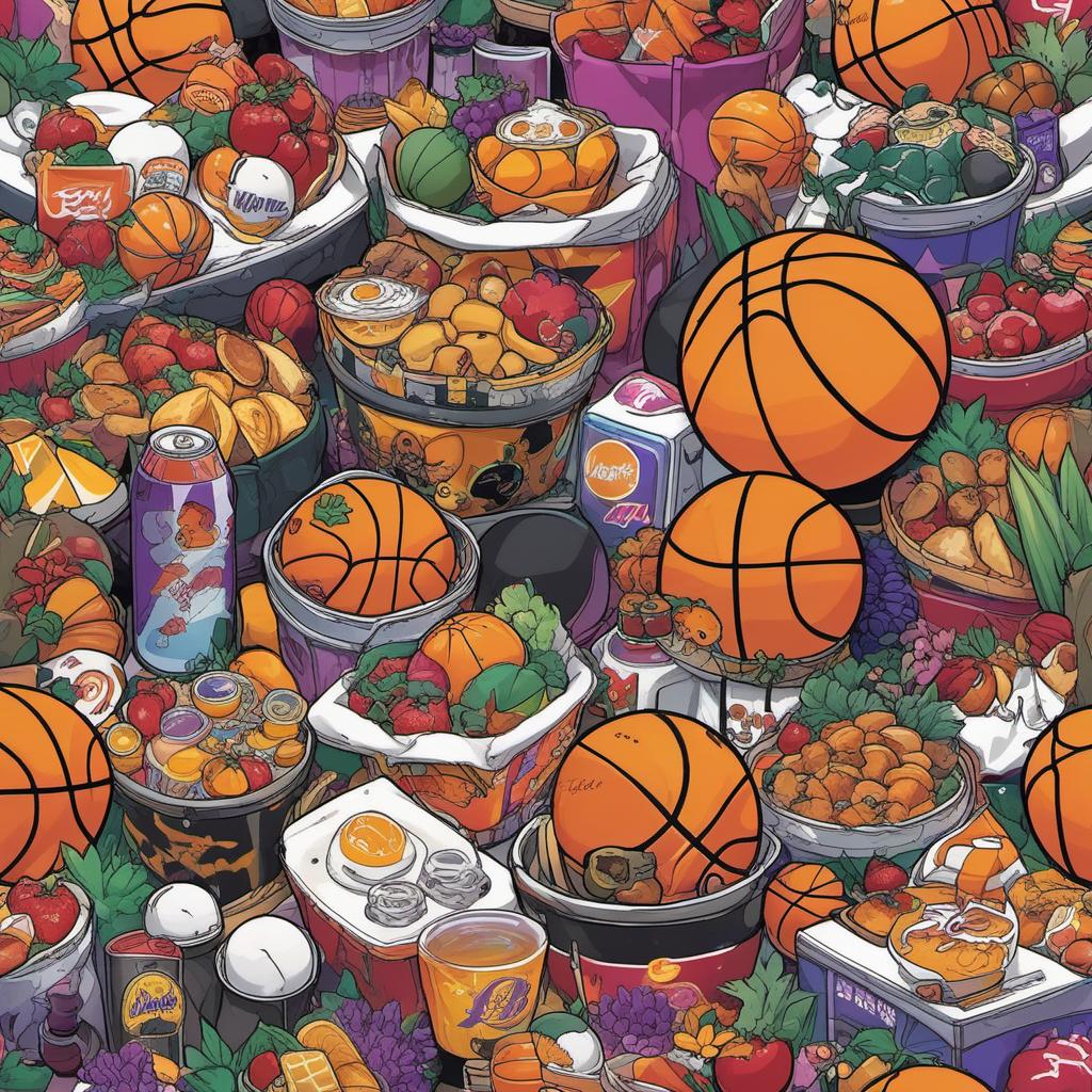  bus food truck des panier de basket ball à 3m du sol decorer au thème des lakers, anime style, manga style, manhwa style