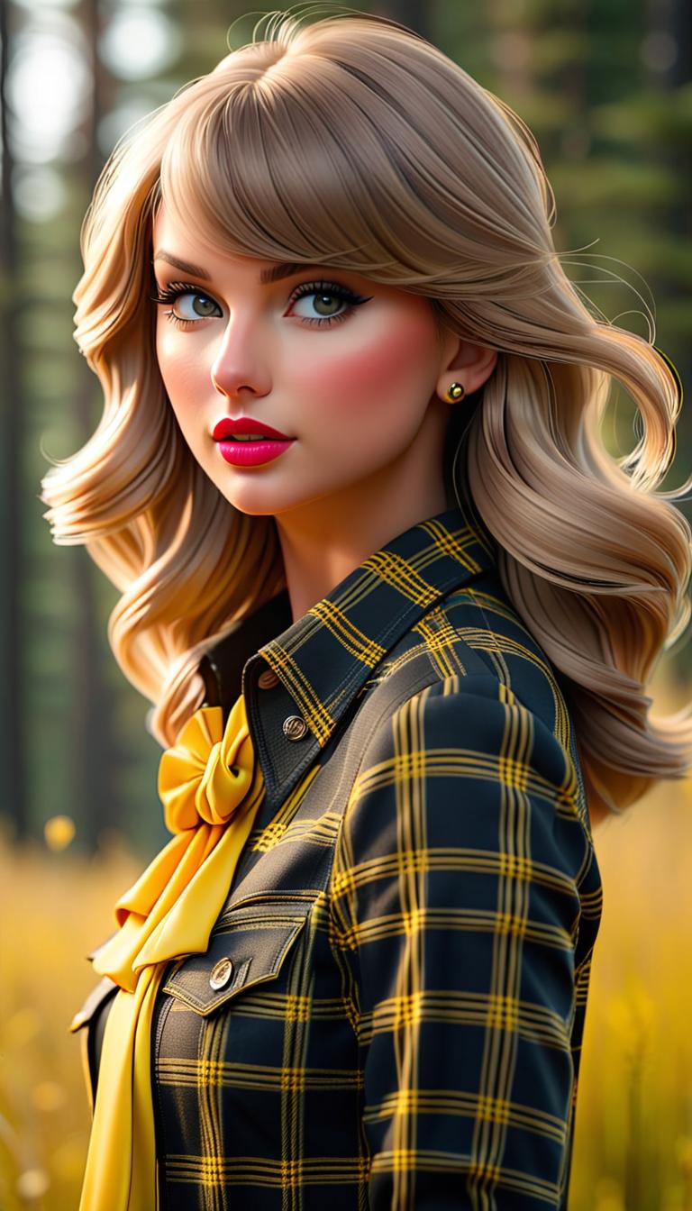  professional 3d model of taylor swift wearing black and yellow plaid . rendered with octane, the model is highly detailed,dramatic lighting. hyperrealistic, full body, detailed clothing, highly detailed, cinematic lighting, stunningly beautiful, intricate, sharp focus, f/1. 8, 85mm, (centered image composition), (professionally color graded), ((bright soft diffused light)), volumetric fog, trending on instagram, trending on tumblr, HDR 4K, 8K