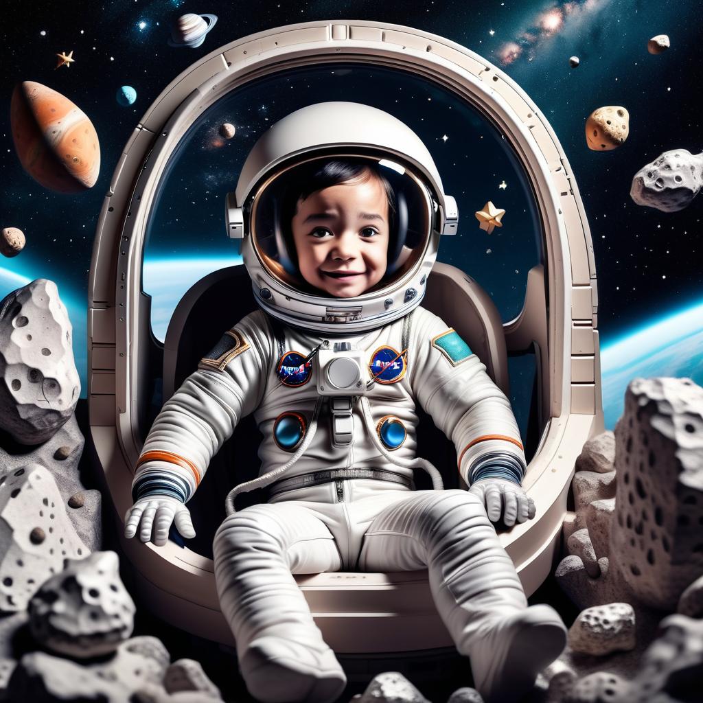  astronaut child flies in a small open spaceship among stars and asteroids