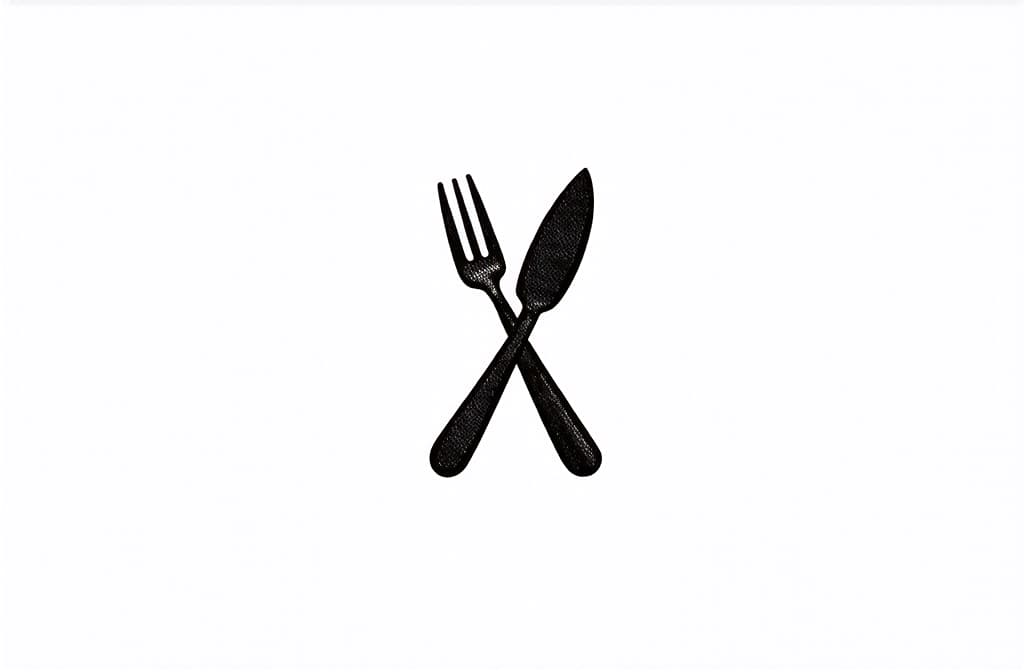  contour, very simple image in one unbroken black ink line, single line of fork crossed with knife, engraving illustration, icon isolated on white background ar 3:2 using a single continuous black line ink brushon white background, drawing should be created without lifting the pen, recognizable features of fork crossed with knife, engraving illustration, icon isolated on white background ar 3:2 in one unbroken line