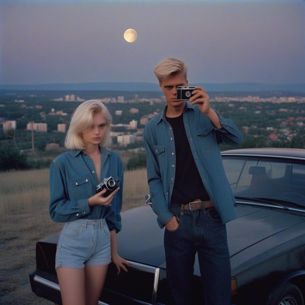  analog film photo a platinum blonde girl takes pictures on a polaroid in a black shirt and stands next to a blonde guy in a denim shirt, standing by a black car, a view from a hill, in the background the city, the time of dusk, a full light moon, the style of the 80 90s. . faded film, desaturated, 35mm photo, grainy, vignette, vintage, kodachrome, lomography, stained, highly detailed, found footage