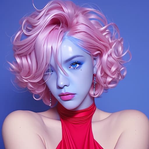  Angel with blue skin, curly pink bob hair, tight red dress