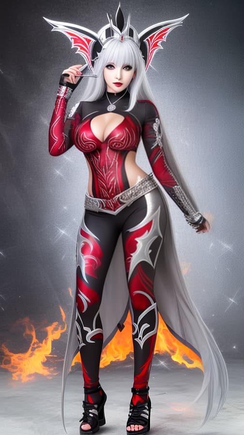  Full body red and silver flame pattern body paint,silver body paint on the whole body,grey face paint on the face, Dark elf, full body image 女性