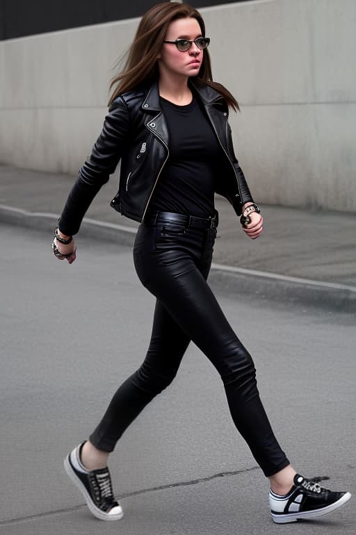  a girl with brown hair, a black t shirt, a black leather jacket. zoota bracelet on the left wrist. black tight pants, black and white shoes. cia agent