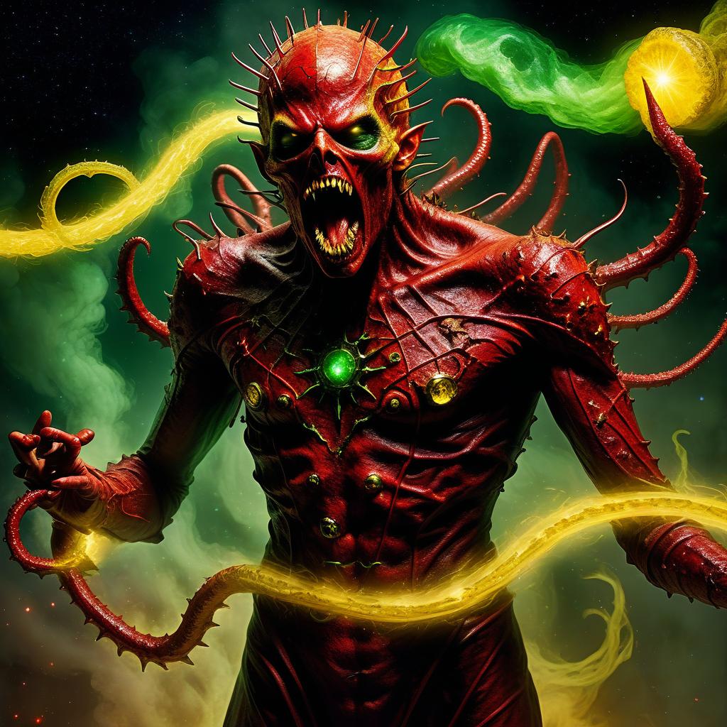  space themed demon hellraiser bloodsucker demon vampire pretends to be a saint wrapped in red rag wound strewn with spines blades mucus in yellow and green smoke fire and sparks tentacle ring claws scream and horror . cosmic, celestial, stars, galaxies, nebulas, planets, science fiction, highly detailed