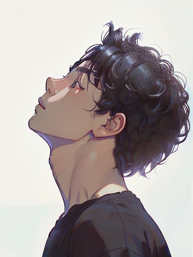  profile portrait of a young man who look up to see a sky, black hair, white skin, korean ulzzang face, handsome, black t shirt, natural light