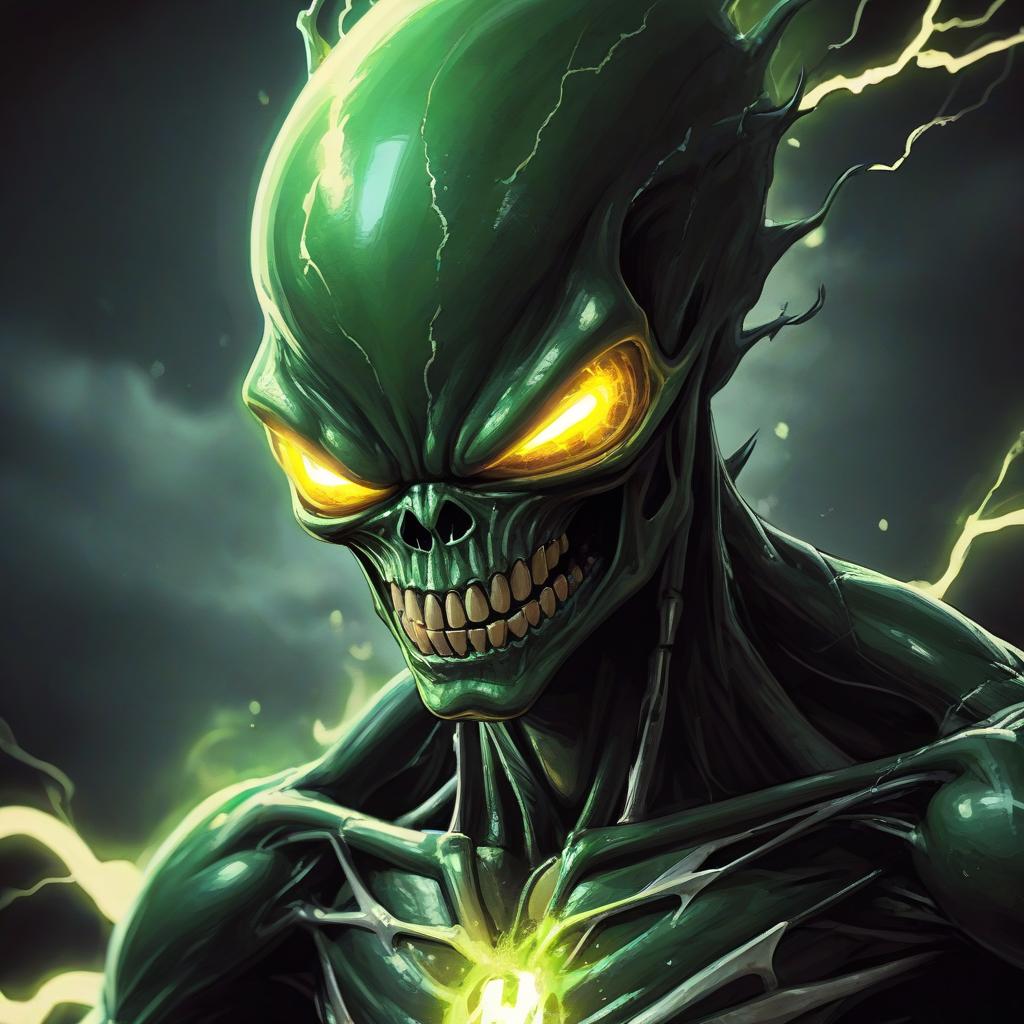  a close up of a green alien on a black background, inspired by luigi kasimir, deviantart contest winner, digital art, ghost rider, amazing lightning art, hulk, style of jeff soto