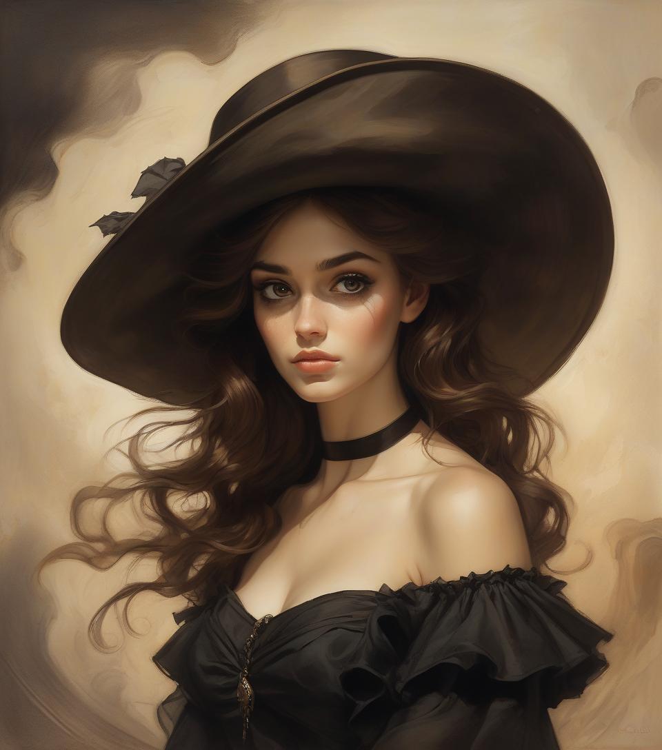  concept art oil on canvas, young woman, wearing black dress, brown hair and brown eyes,hat, frank frazetta, arthur rackham, alberto seveso, sandro botticelli style. . digital artwork, illustrative, painterly, matte painting, highly detailed