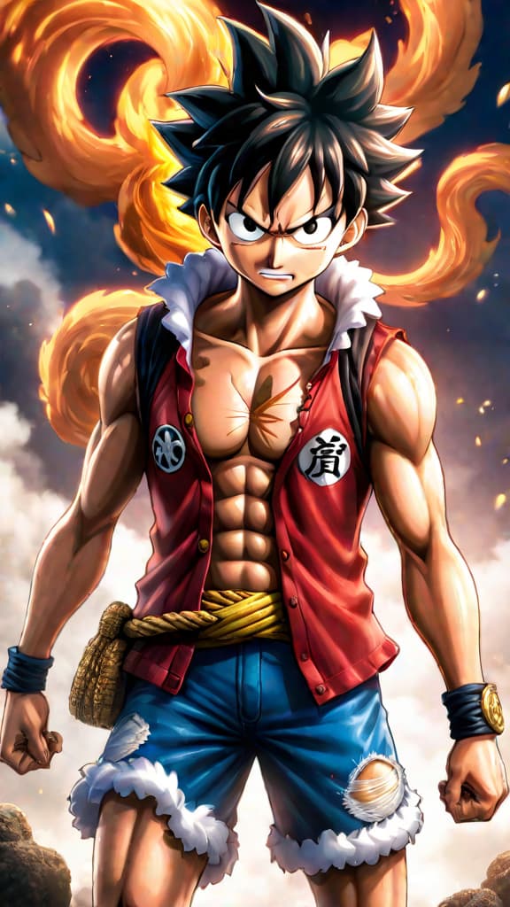  anime art: luffy's gear 5 transformation, a blend of rubber and mythical powers, a terrifying force. hyperrealistic, full body, detailed clothing, highly detailed, cinematic lighting, stunningly beautiful, intricate, sharp focus, f/1. 8, 85mm, (centered image composition), (professionally color graded), ((bright soft diffused light)), volumetric fog, trending on instagram, trending on tumblr, HDR 4K, 8K