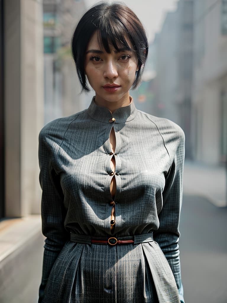  women with thin eyes, women, bangs, very short hair, wearing clothes, black hair, asian face, masterpiece, best quality,8k,ultra detailed,high resolution,an extremely delicate and beautiful,hyper detail hyperrealistic, full body, detailed clothing, highly detailed, cinematic lighting, stunningly beautiful, intricate, sharp focus, f/1. 8, 85mm, (centered image composition), (professionally color graded), ((bright soft diffused light)), volumetric fog, trending on instagram, trending on tumblr, HDR 4K, 8K