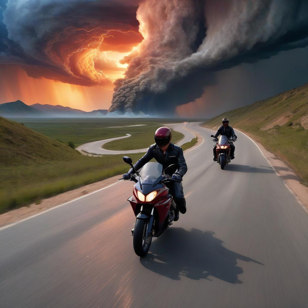  (majestic mountain, serpentine) along a circular narrow road to the top of the mountain, ((two motorcyclists are driving) at high speed, on the very edge of the (narrow) road, dynamics, blue clouds are visible in the distance, (storm, wind, followed by a tornado) the crimson sunset illuminates its sharp edges, high quality, excellent detailing