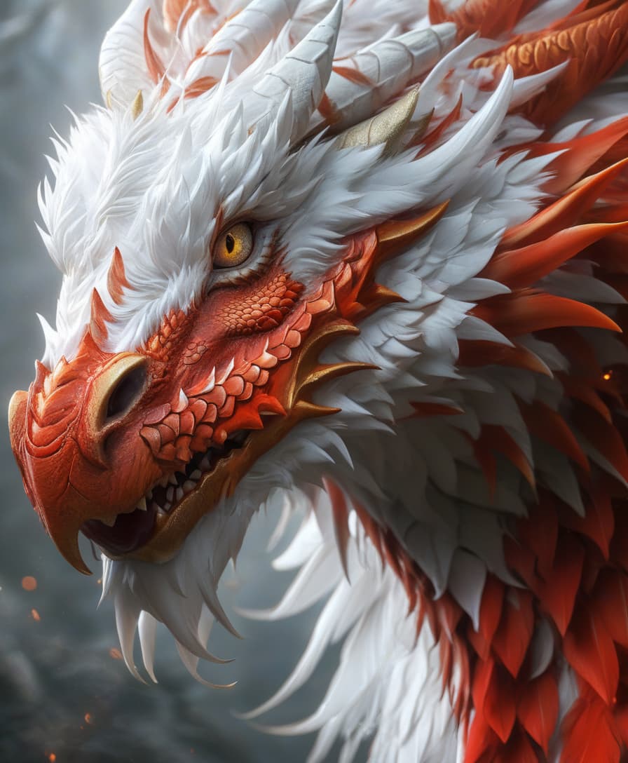  (stunning close up:1.2) of a (red and white dragon head:1.3), featuring (intricate details:1.1) in (feathers:1.2) and (fur:1.2). the dragon's (piercing eyes:1.3) shine with a (fiery glow:1.1), showcasing the craftsmanship of a (cgsociety contest winner:1.3). its (majestic crest:1.2) and (sharp beak:1.1) are adorned with (subtle textures:1.3), highlighting the (raptor like characteristics:1.2). the background features a (soft gradient:1.1), enhancing the dragon's (regal presence:1.3) within a (fantasy realm:1.2).