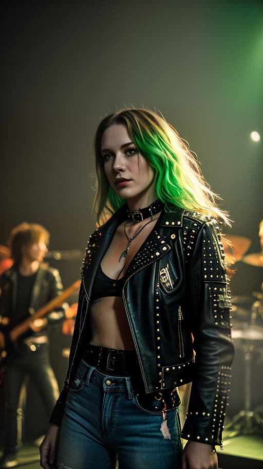  ((best quality)), ((masterpiece)), (detailed), a beautiful punk rock girl, in a leather jacket with rivets and torn jeans . against the background of the concert scene. choker, aggressive posture, green eyes, you can see a well structured abdomen., slate atmosphere, cinematic, dimmed colors, dark shot, muted colors, film grainy, lut, spooky