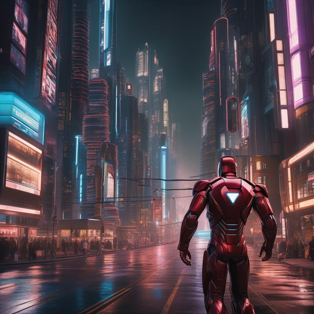  masterpiece, best quality, Best quality, masterpiece, 8k resolution, realistic, highly detailed, close up of Iron Man. In a cyberpunk-style night scene of the city, he stands on a street lined with tall buildings. The city's night lights are bright, The surrounding buildings and streets are filled with cyberpunk elements such as neon lights, high-tech devices, and futuristic architectural designs.