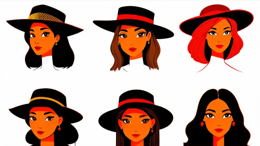  flat illustration, flaticon, (illustration:1.15), different beauty. set of different female heads in hats. different races and nationalities. colored hand drawn illustration ar 16:9, [cory loftis, strobist, pascal campion :: 0.2]