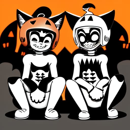  black and white coloring page in procreate style, 2d cartoon style, with the image of two funny cats, one standing, the other sitting next to them. on their heads, like helmets, are pumpkins. halloween atmosphere.