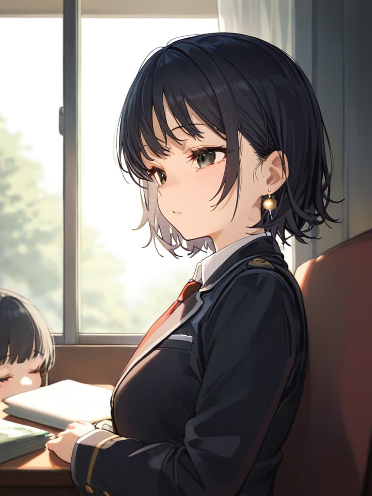  black hair, short hair, lumpy hair, , high student, wolf cut, white shirt, tie, black jacket, moe sleeve, hidden, clroom, uniform, sleeping, waking up, your eyes, a lot of earrings in the ear, seats by the window, black eyes, masterpiece, best quality,8k,ultra detailed,high resolution,an extremely delicate and beautiful,hyper detail