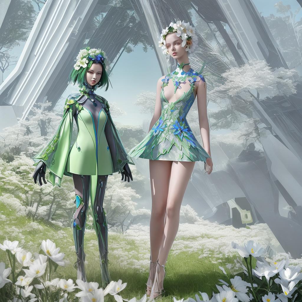  modern futuristic spring no model no human fashion sprouting dress as flower clother and natuke as one mash up clothes as nature