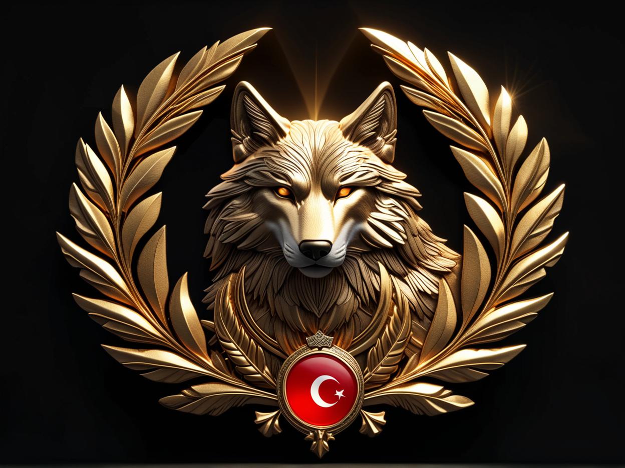  best quality, hd, a 3d render of a majestic emblem at the heart of which a proud wolf's head stands tall. the wolf's head is surrounded by a lush, golden laurel wreath that glows with a soft, sun kissed radiance. the crescent and star of the turkish flag are nestled in the folds of the wreath. above the wreath, a pair of eagle wings rise majestically, their feathers embroidered with intricate, layered textures. the entire emblem is framed with an ornate golden border and the word "turkiye" is written in bold, modern typography. the background is black. hyperrealistic, full body, detailed clothing, highly detailed, cinematic lighting, stunningly beautiful, intricate, sharp focus, f/1. 8, 85mm, (centered image composition), (professionally color graded), ((bright soft diffused light)), volumetric fog, trending on instagram, trending on tumblr, HDR 4K, 8K