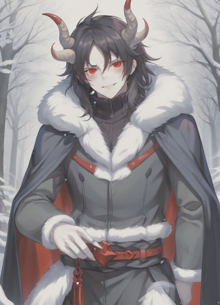  anime artwork man demon, red horns, red eyes, black long hair, winter clothes . anime style, key visual, vibrant, studio anime, highly detailed, sticker