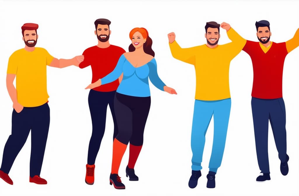  dancing people. group of young happy dancers or men and women isolated on white background. smiling young men and women enjoying dance party. flat style. vector illustration ar 3:2 {prompt}, maximum details