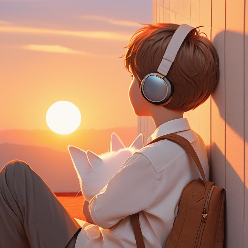  the boy looks at the sunset, sits on the floor like in the picture, carries a bag, sits against the wall, and the boy has a cute little kitty on his shoulder