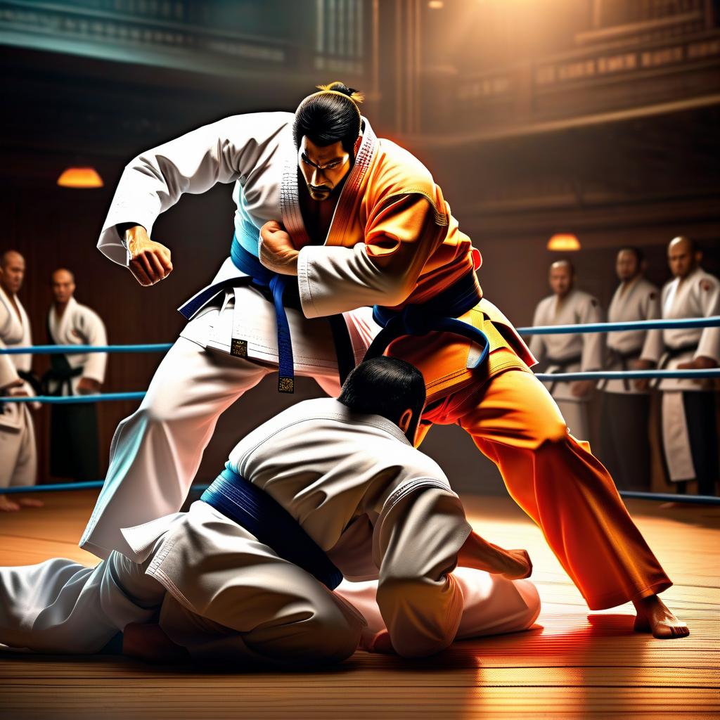  fighting game style two judoists on the floor are fighting each other in seizure, high detail, vector image . dynamic, vibrant, action packed, detailed character design, reminiscent of fighting video games, sticker hyperrealistic, full body, detailed clothing, highly detailed, cinematic lighting, stunningly beautiful, intricate, sharp focus, f/1. 8, 85mm, (centered image composition), (professionally color graded), ((bright soft diffused light)), volumetric fog, trending on instagram, trending on tumblr, HDR 4K, 8K